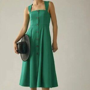 NWT Anthropologie Maeve Green Square neck Button Down Midi Dress